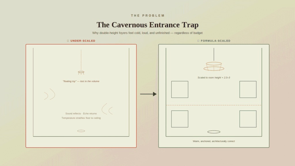 Comparison diagram illustrating an under-scaled cavernous foyer entrance versus a formula-scaled, architecturally balanced double-height entry.