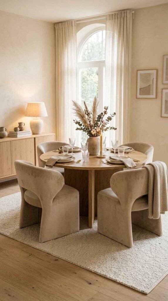 Warm neutral luxury dining room featuring a round oak table, beige velvet dining chairs, textured ivory rug, and soft linen drapes.