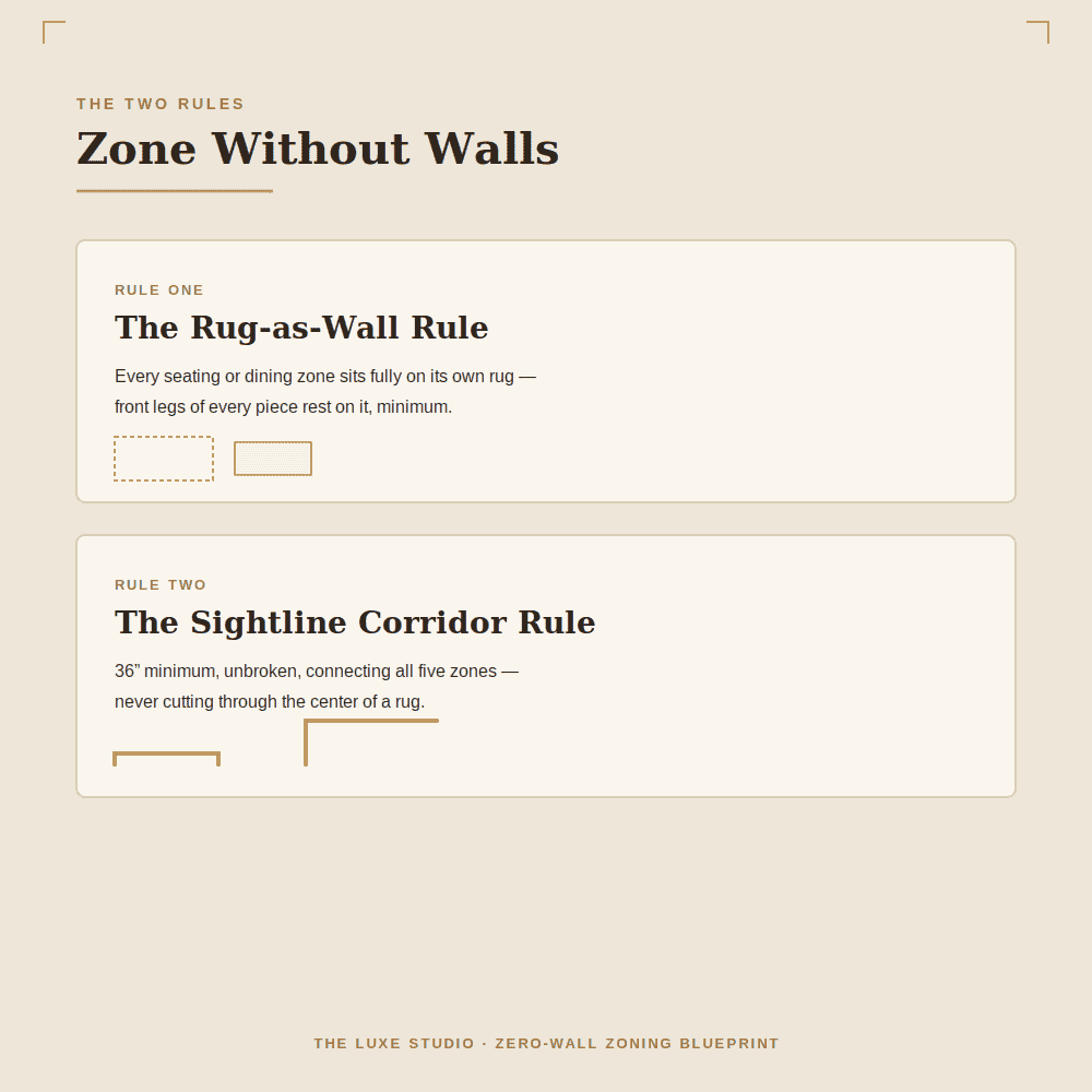 Zone Without Walls guide showing The Rug-as-Wall Rule and The Sightline Corridor Rule for creating defined living zones in open-concept spaces with no walls
