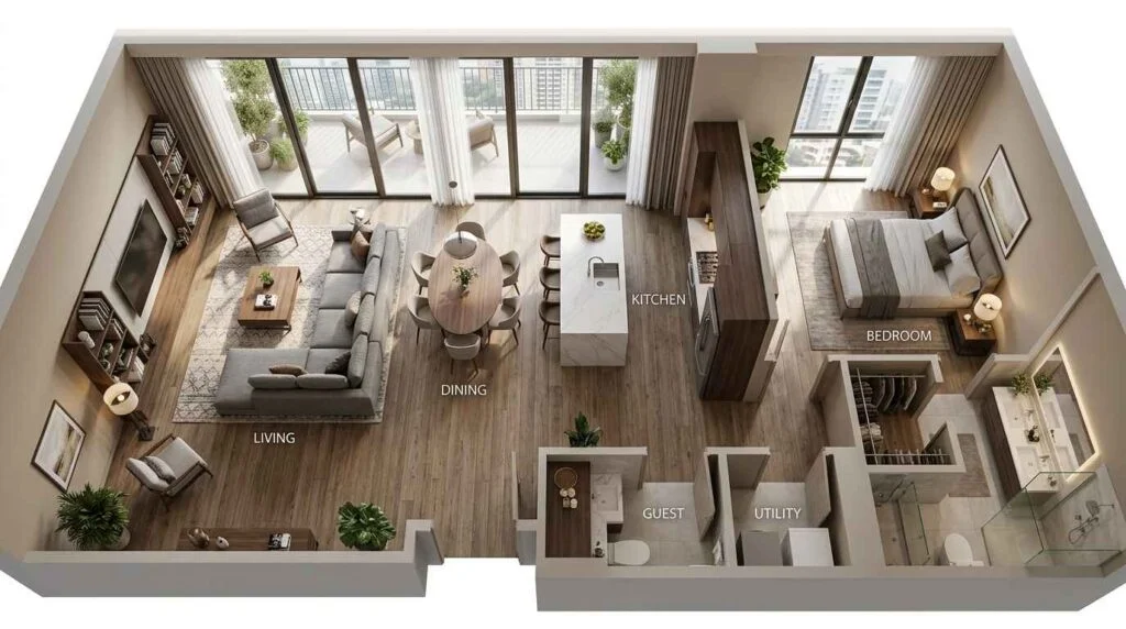 3D bird’s-eye view floor plan of an open-concept luxury apartment showing living room, dining area, kitchen island, and primary bedroom suite.