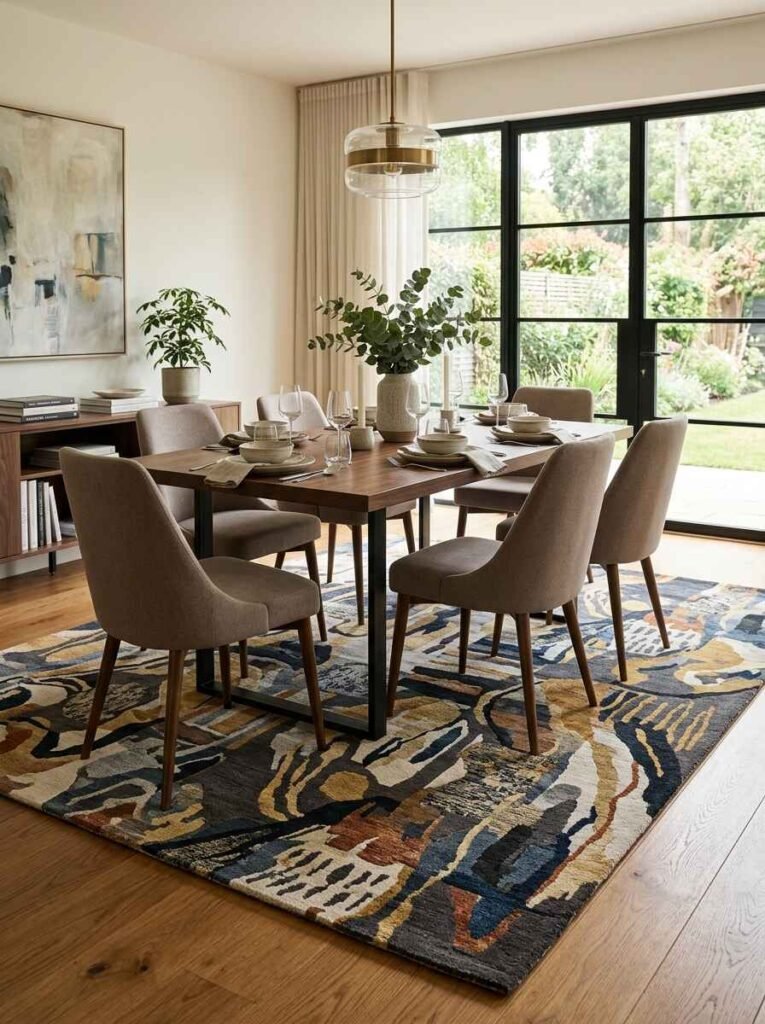 Abstract pattern dining room rug under modern wooden dining table and chairs