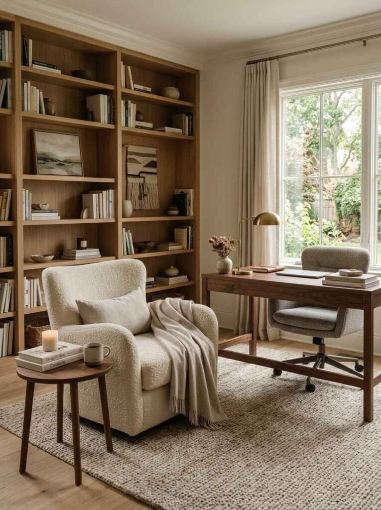 Cozy office reading nook featuring a cream bouclé armchair with throw blanket next to a walnut desk and grey upholstered swivel chair.