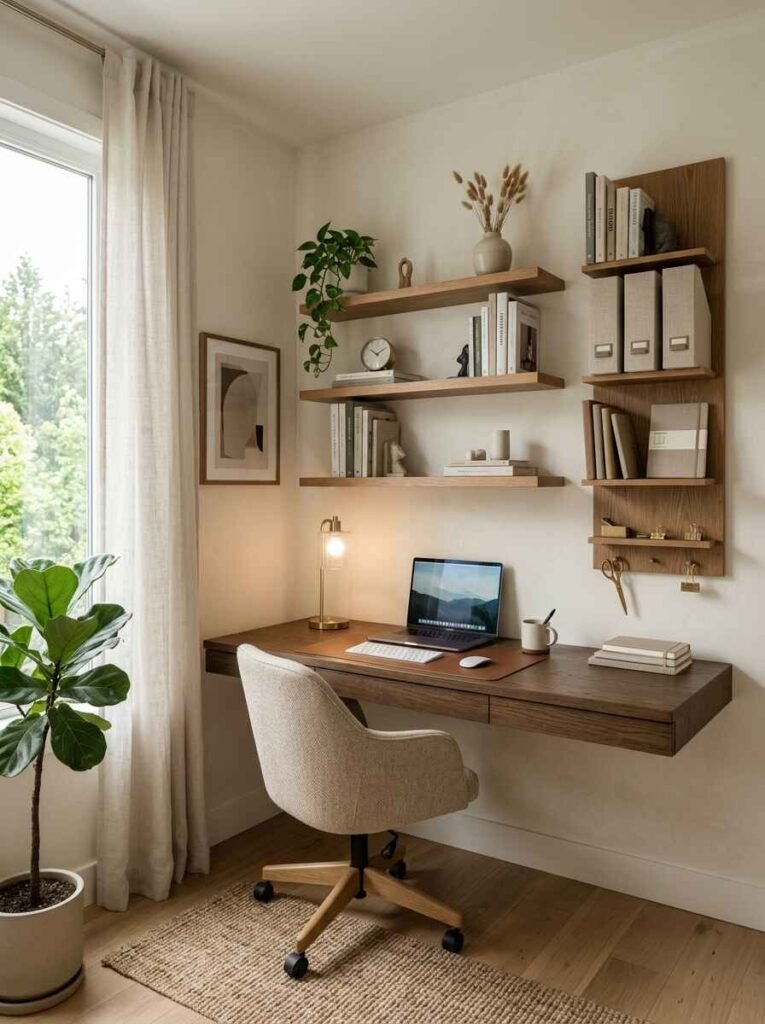 Floating wooden shelves mounted above a wall-mounted desk in a small home office setup with organized books and decor.