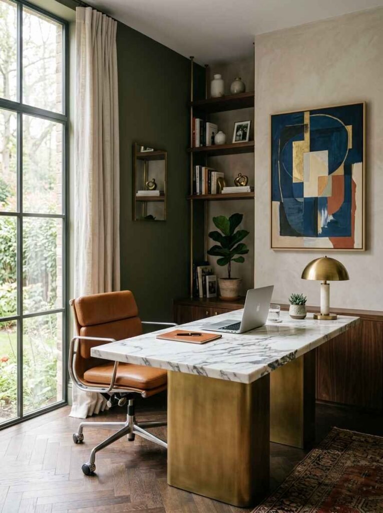 Luxury small home office featuring a marble top desk with brass legs, abstract artwork, and an ergonomic leather office chair.