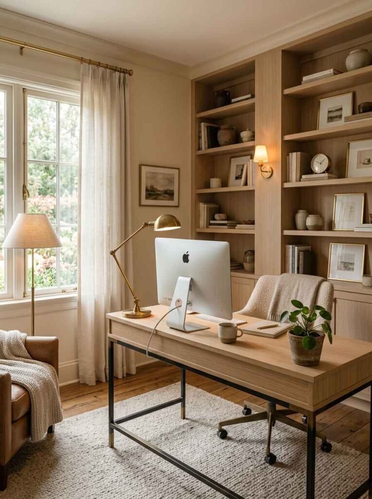Light oak desk setup accented with a warm brass task lamp, brass curtain rod, and soft beige built-in wall shelving.