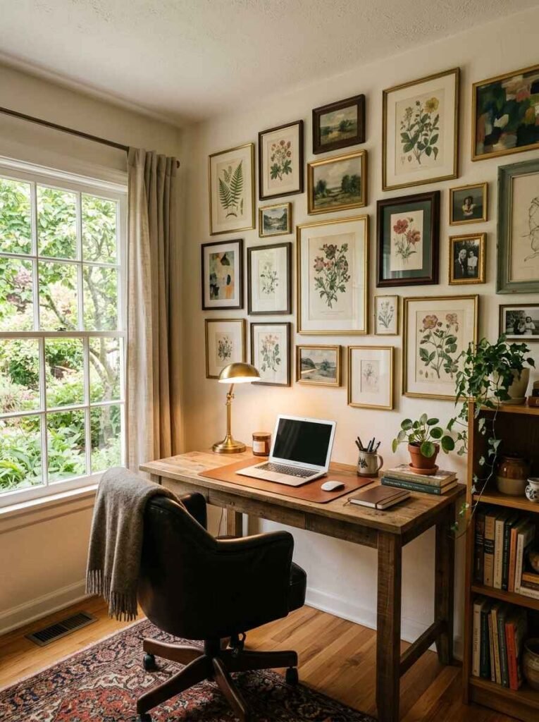Wooden desk setup in front of a symmetrical gallery wall with gold framed botanical art, brass task lamp, and a vintage patterned rug.