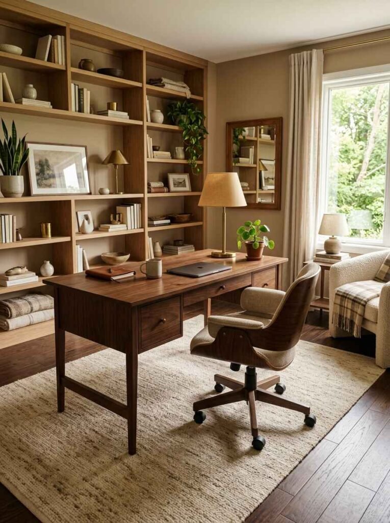Warm wood executive desk placed on a large neutral textured area rug in a home office with floor-to-ceiling built-in wooden bookshelves.
