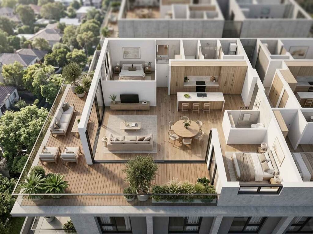 Top-down 3D apartment floor plan featuring an expansive outdoor balcony with outdoor seating connecting seamlessly to an open-plan living room.