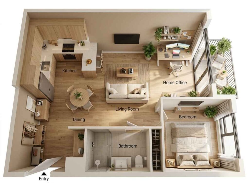 Modern 3D floor plan layout of a one-bedroom apartment incorporating a dedicated home office workstation setup with double monitors near the window.