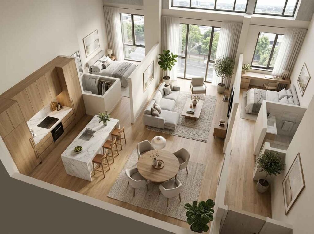 3D bird's-eye view of a contemporary apartment layout featuring a central open-concept kitchen with a marble dining table and adjoining living zone.