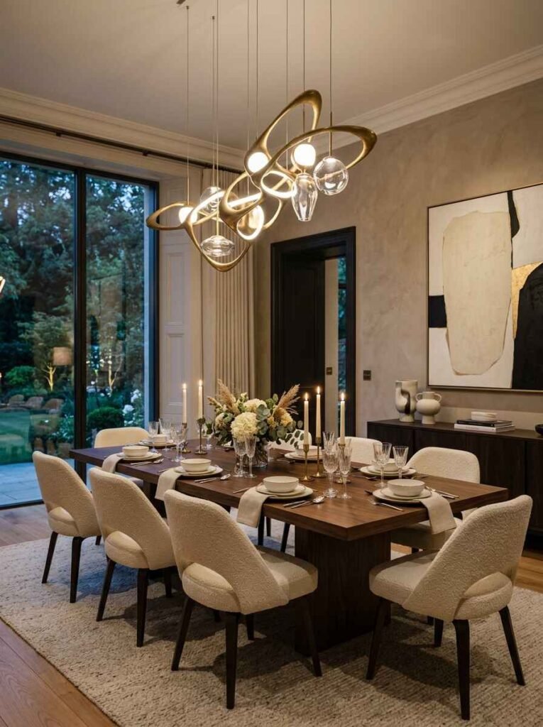 Modern architectural gold sculptural pendant light with glass globes suspended over a dark wood dining table