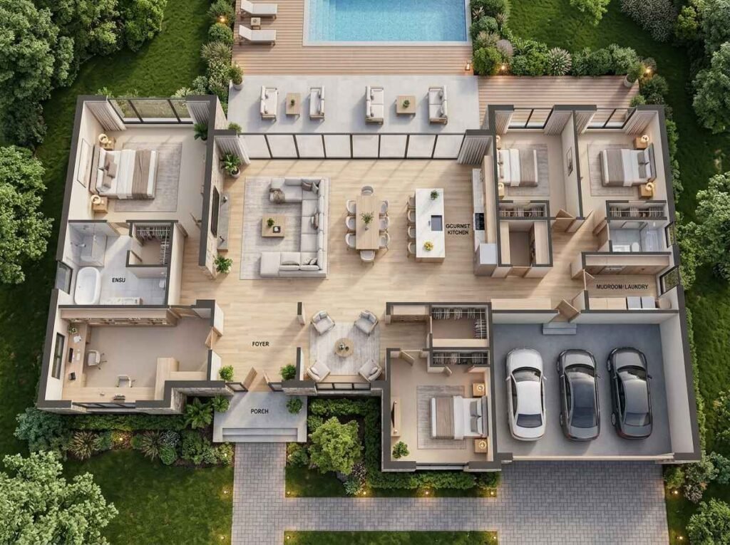 3D luxury home zoning floor plan showing public living areas, private bedroom wings, and outdoor pool circulation