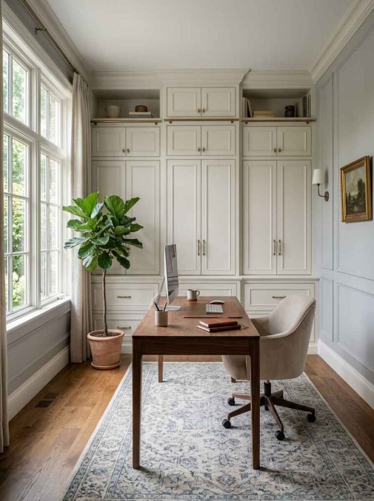 High-capacity white closed cabinet wall storage behind a simple wood desk, potted fiddle leaf fig tree, and soft vintage area rug.