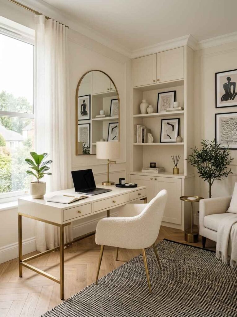 Chic black and cream home office featuring a white desk with brass trim, arched floor mirror, patterned area rug, and framed black modern artwork.