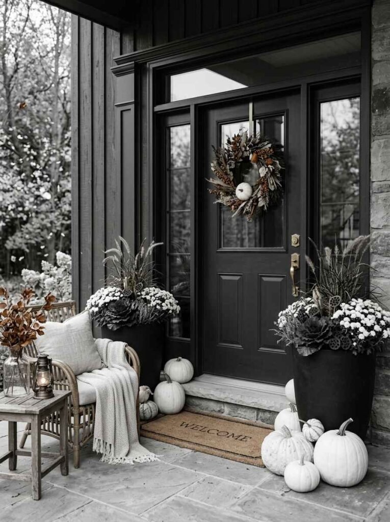 Monochrome black and white fall porch decor featuring dark door, white heirloom pumpkins, and potted ornamental cabbage.