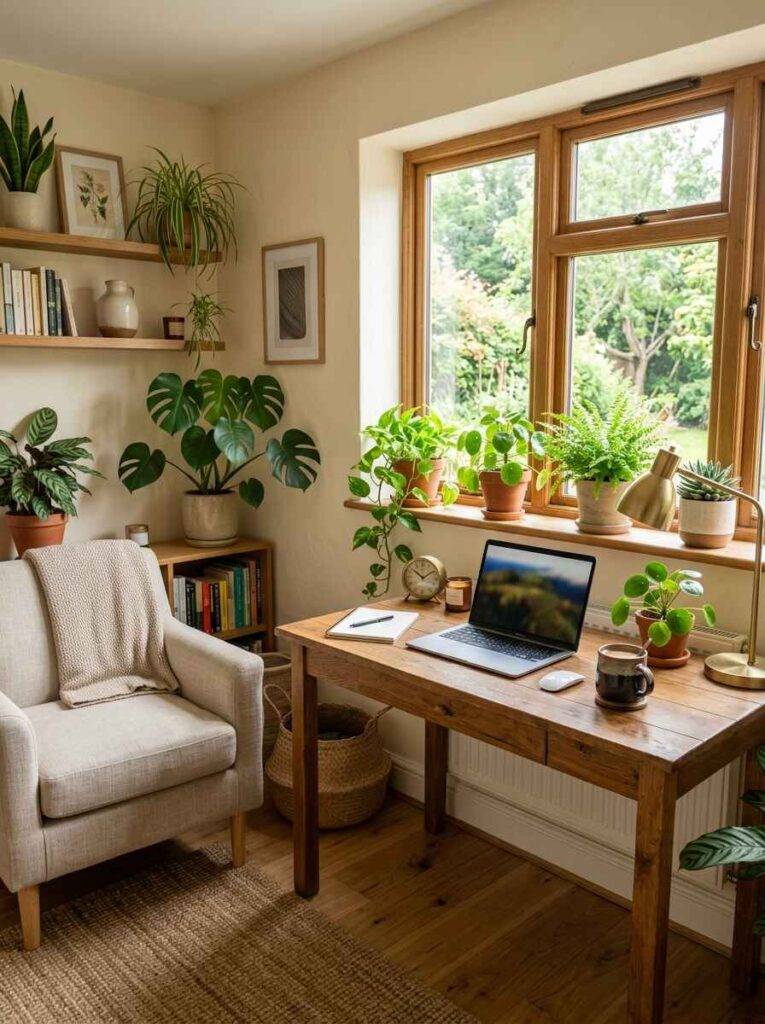 Sunlit wood desk surrounded by potted indoor plants, including a monstera and pothos, placed on open shelves and windowsill.