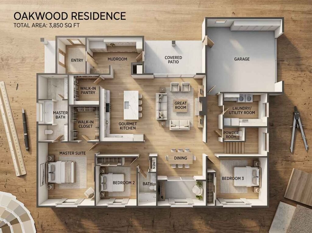 3D luxury single-story house floor plan for Oakwood Residence highlighting built-in storage solutions including a walk-in closet, walk-in pantry, and mudroom in a neutral beige palette.