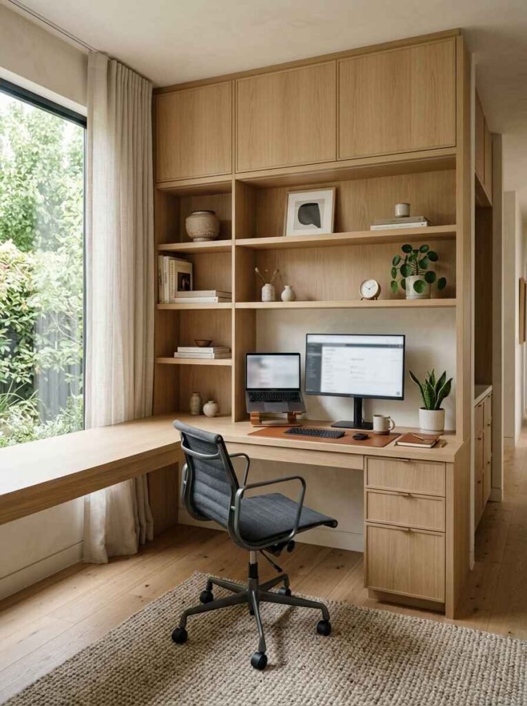 Custom light oak built-in desk with integrated floating shelving and a gray ergonomic desk chair next to a large garden window
