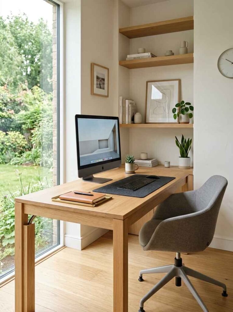 Minimalist clutter-free desk space placed in front of a floor-to-ceiling glass garden window with light wood floating wall alcove shelves.