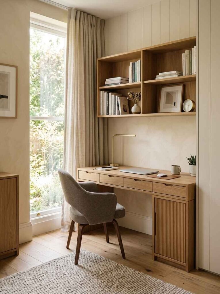 Custom wooden home office desk with built-in storage drawers and overhead open cabinets maximizing vertical space.
