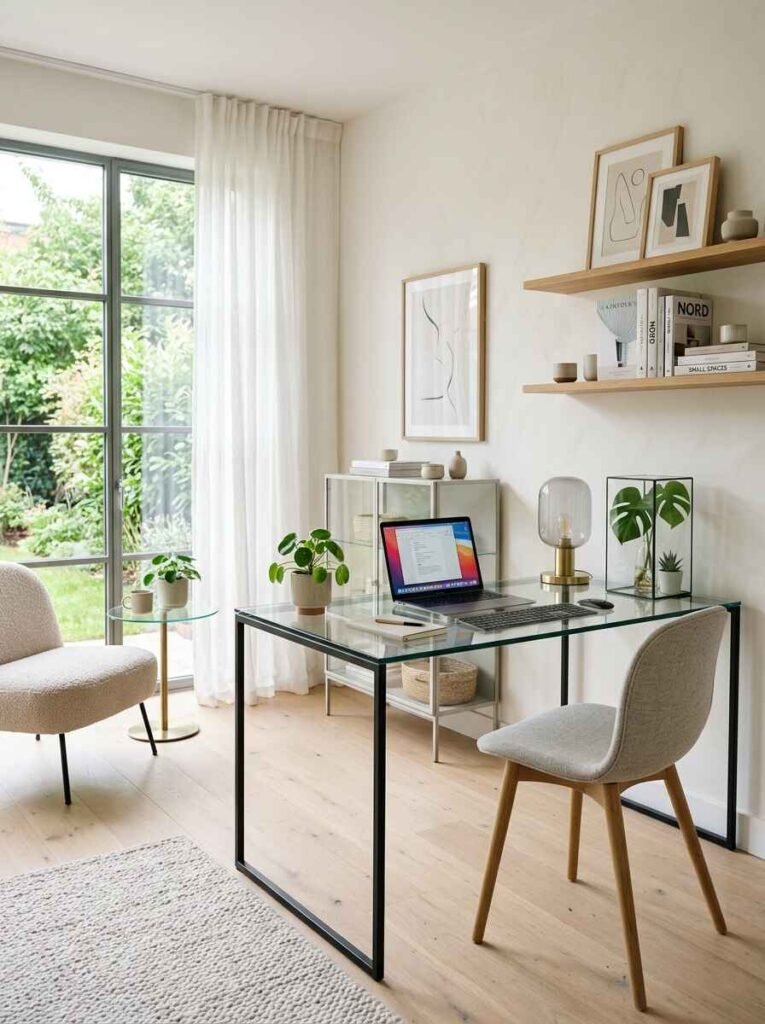 Visually light home office design featuring a minimalist glass desk with thin metal legs near a bright window.