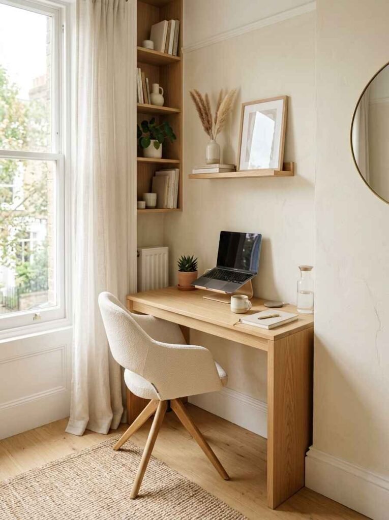 Compact workstation featuring a slimline light wood desk tucked into a small room corner with vertical shelving.