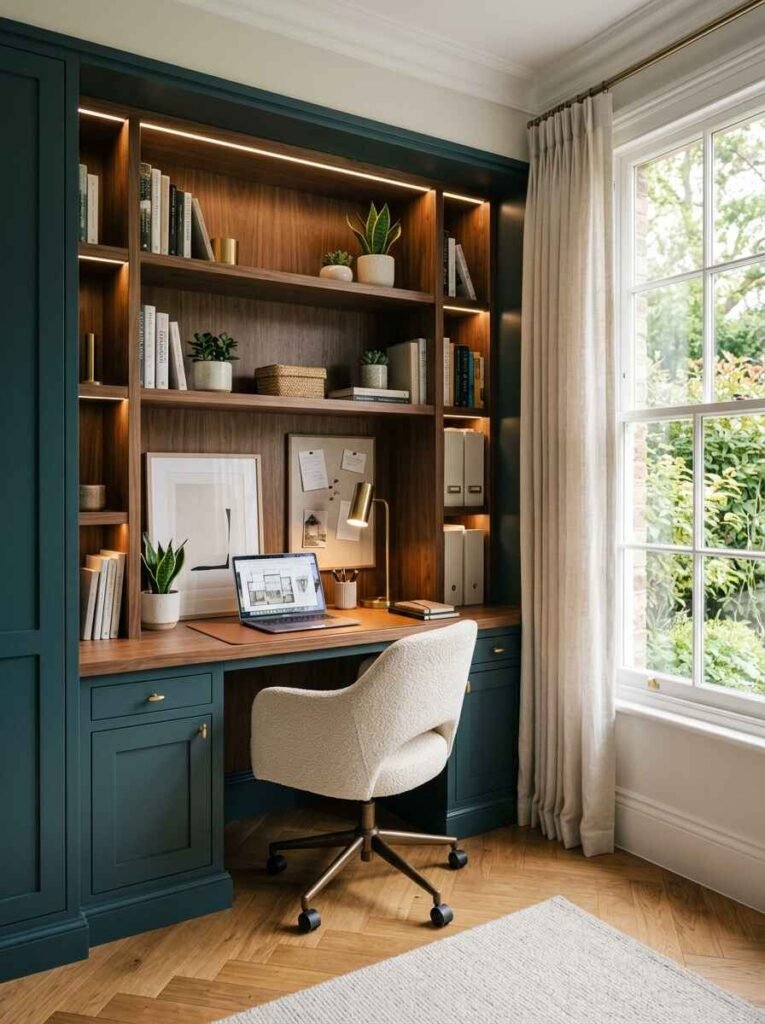Dark teal built-in closet home office nook featuring warm internal strip lighting, rich wooden shelving, and a cozy cream swivel chair.