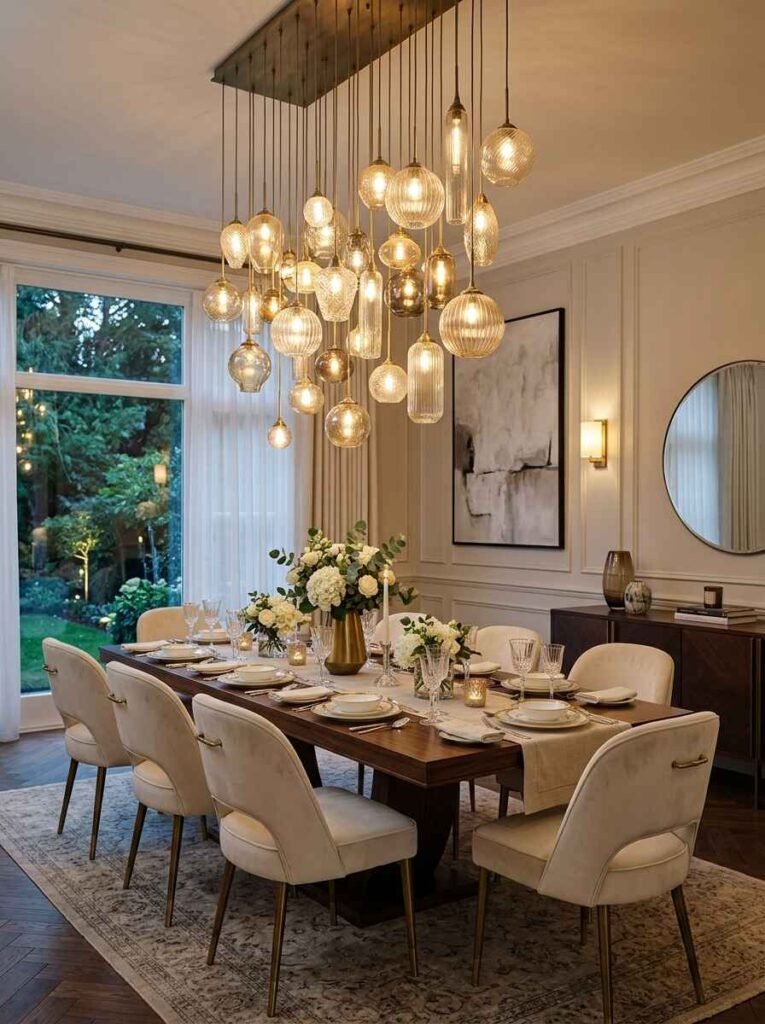 Luxury multi-pendant light fixture with clustered textured glass globes hanging above an elegant formal dining setup