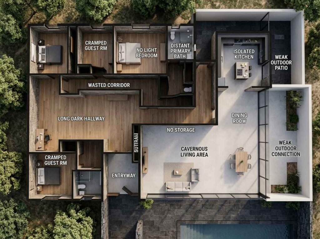 Architectural 3D layout diagram highlighting common floor plan mistakes such as wasted corridors, dark bedrooms, isolated kitchens, and cramped guest rooms.
