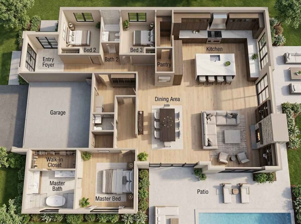 Open-concept modern house floor plan featuring a seamless connection between a gourmet kitchen island, central dining area, and cozy living room opening to an outdoor patio pool.