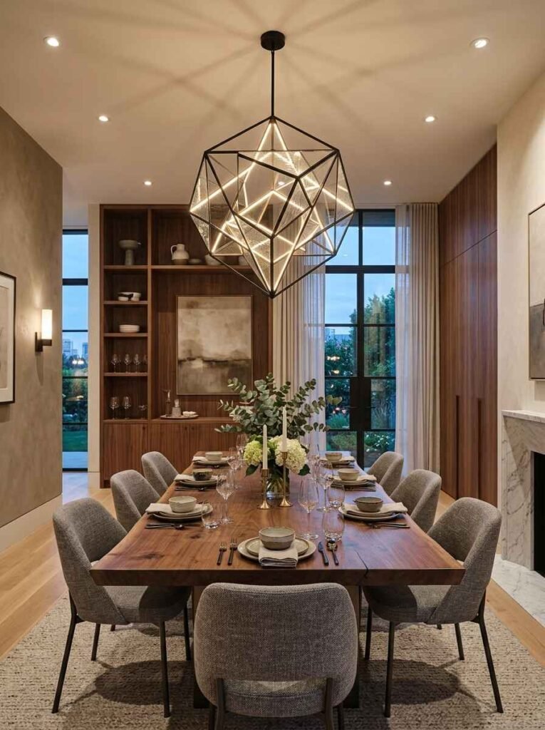 Large black geometric cage chandelier with glowing linear lights centered over a contemporary wooden dining table