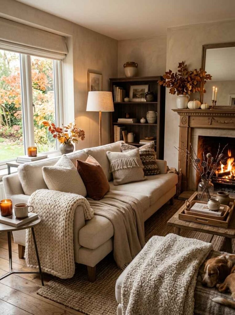 Inviting autumn living room corner with a chunky cream knit throw draped over a beige sofa, rust velvet cushions, warm floor lamp lighting, and a burning fireplace.