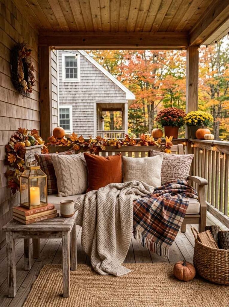 Cozy autumn porch bench with plaid throw blankets, terracotta cushions, warm lantern light, and potted chrysanthemums.