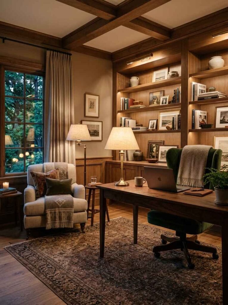 Warm cozy home office featuring coffered wood ceilings, built-in library shelves, a walnut desk, and a plush upholstered armchair