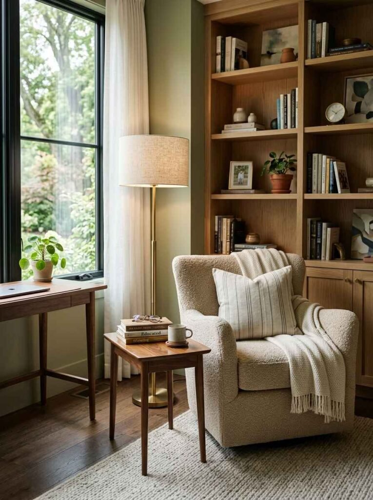 Inviting office reading corner with a plush bouclé armchair, brass floor lamp, wooden side table, and floor-to-ceiling wooden bookshelves.