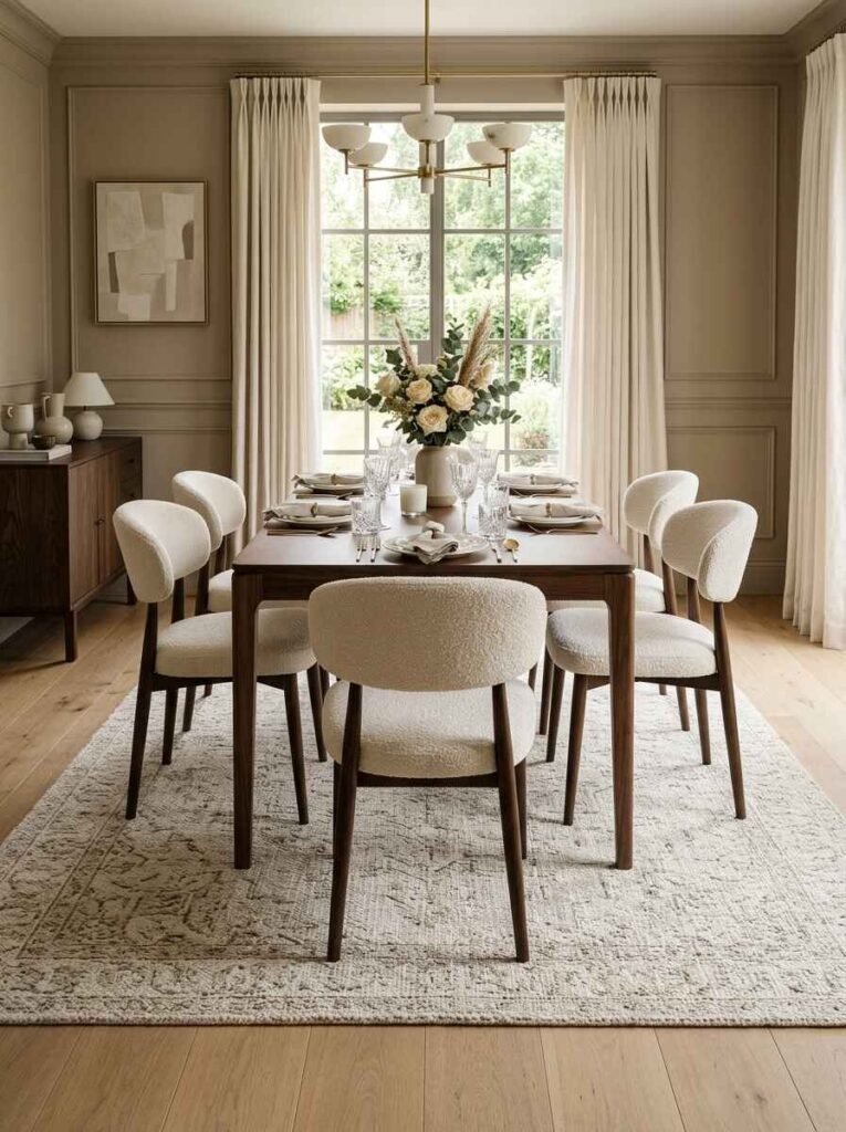 Elegant cream and taupe dining room rug in a sunlit luxury dining room