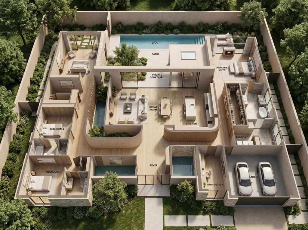 Modern luxury home floor plan with central private courtyard, zoned great room, and isolated primary suite