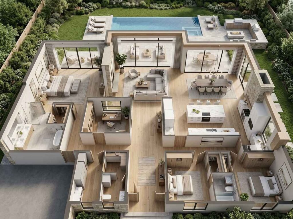 3D luxury home layout displaying clear architectural sightlines from the entryway straight through the open-plan living and dining area to the backyard pool, decorated in a soft beige and cream palette.