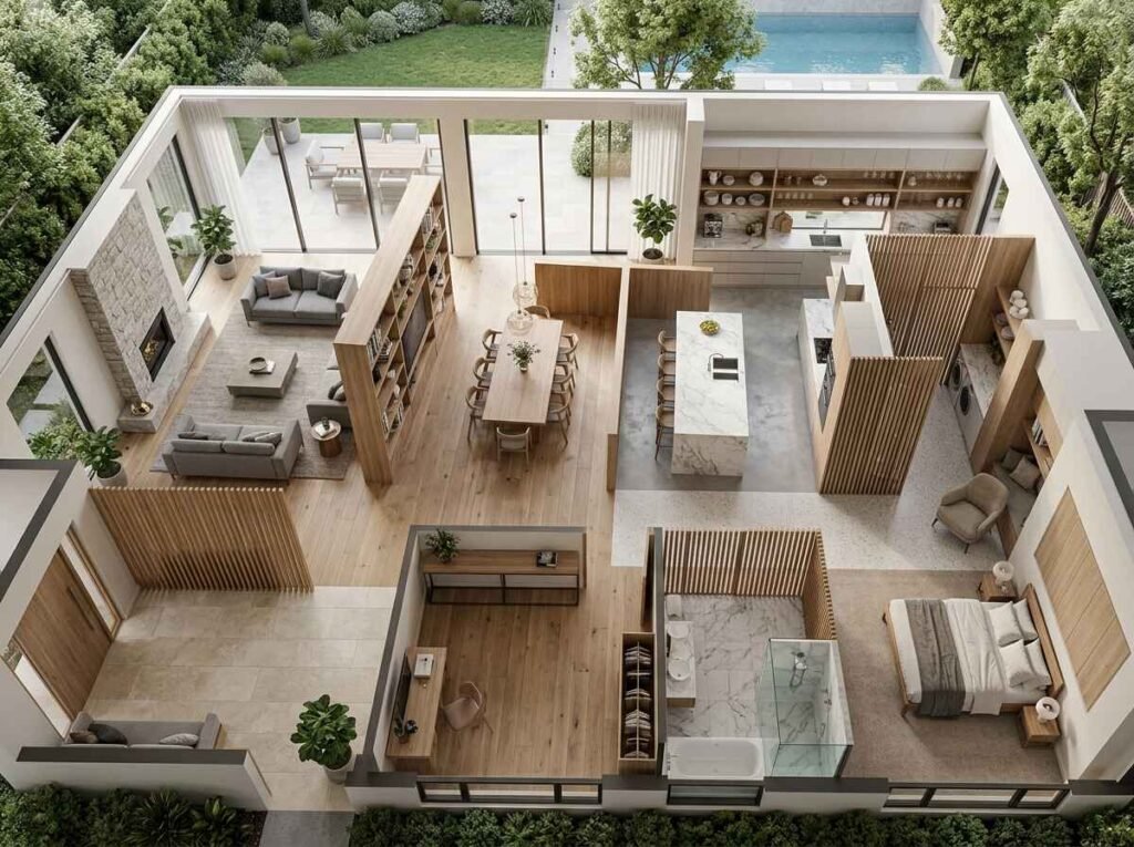 Open-plan architectural zoning using wood slatted screens, open shelving, and spatial room dividers without walls