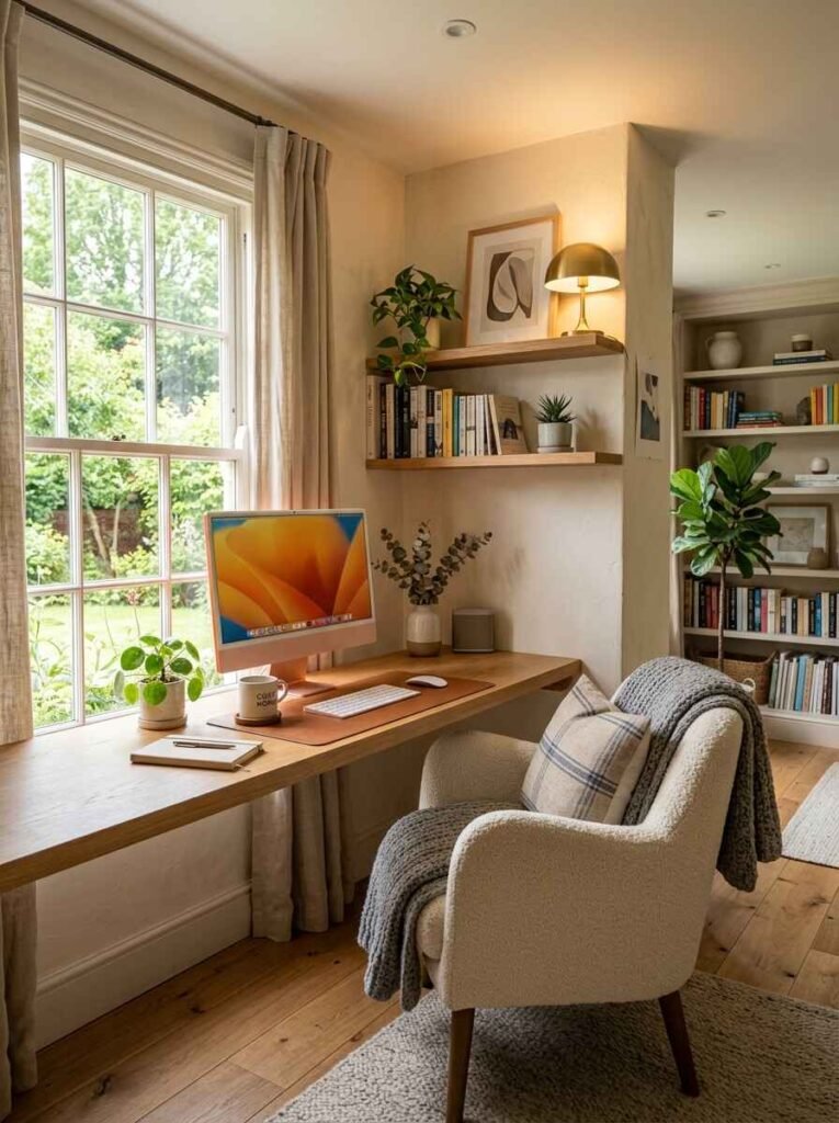 Compact home office nook built into a window alcove featuring a floating wood desk, cozy cream chair, and floating display shelves.