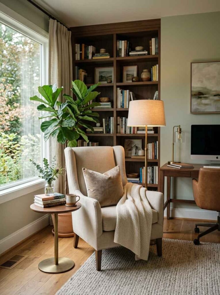 Inviting home office reading corner featuring an beige wingback armchair, standing brass floor lamp, and tall dark wood bookcase.