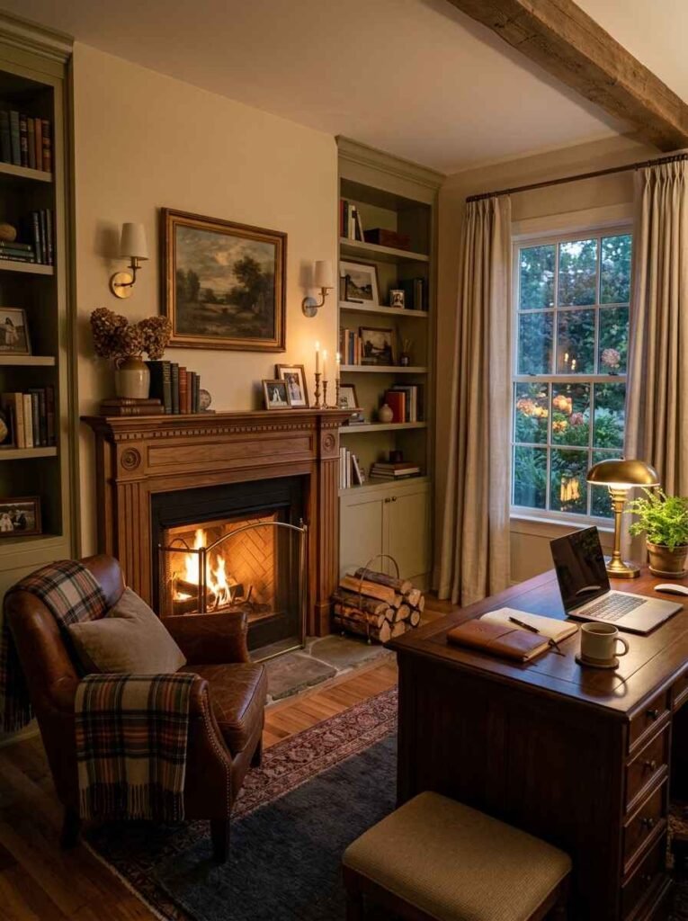 Warm traditional home office with a lit fireplace, classic wooden mantel, leather armchair with plaid throw blanket, built-in bookshelves, and dark wood executive desk.