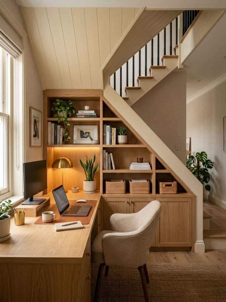 Custom home office workspace built under the stairs with warm accent lighting, wood shelving, and built-in storage.