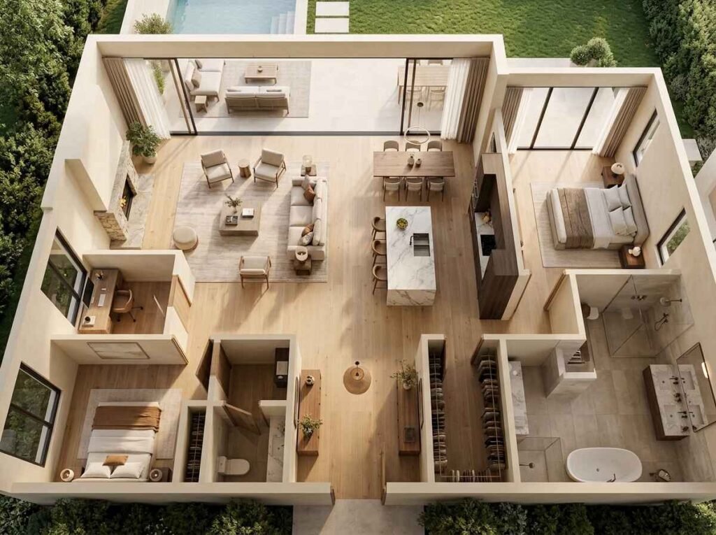 High-angle 3D architectural floor plan displaying smooth hallway transitions and continuous light wood flooring connecting living spaces, bedrooms, and an outdoor swimming pool terrace.