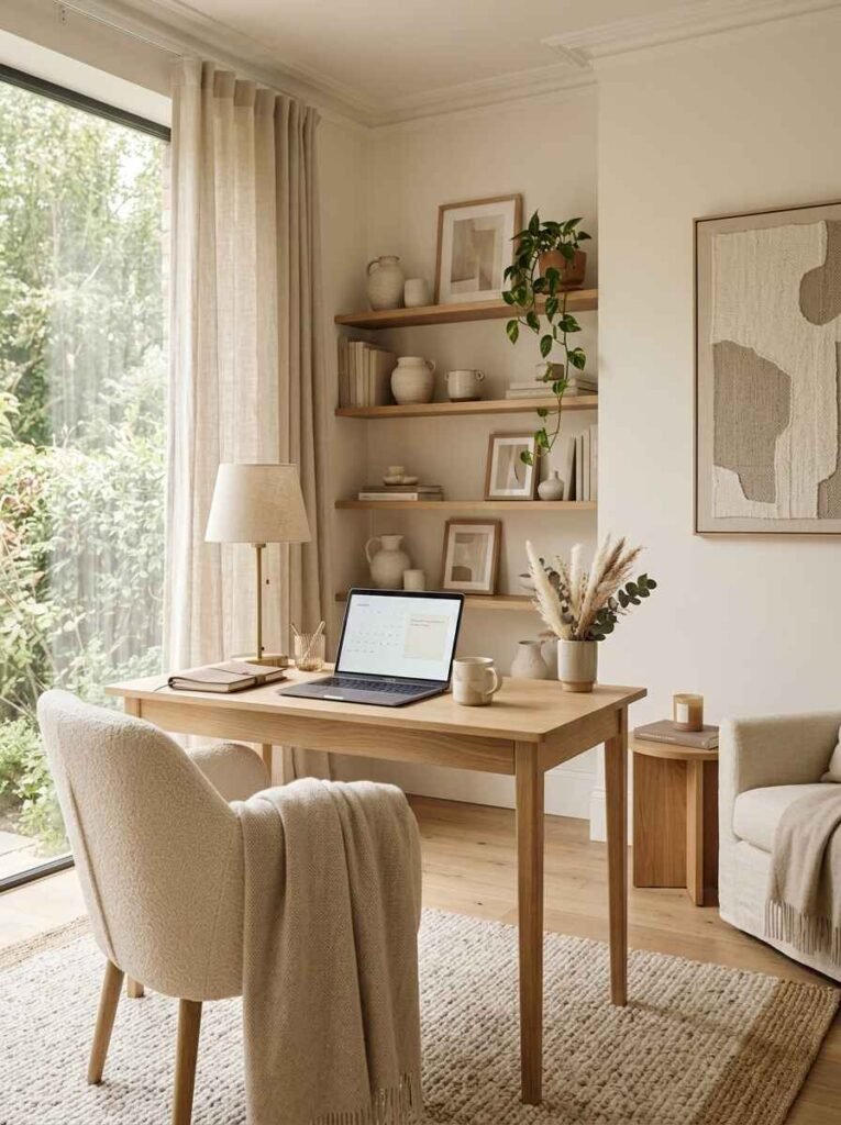 Bright home office space featuring a light wood desk, beige bouclé chair, natural jute area rug, cream linen curtains, and alcove floating shelves.