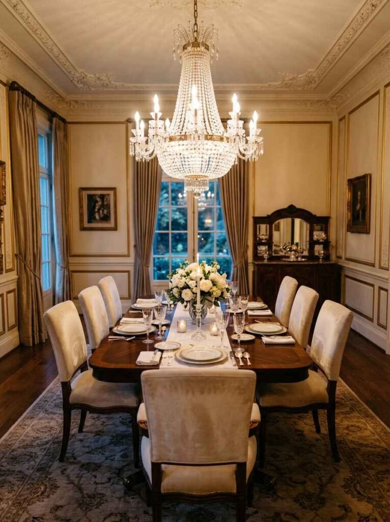 Classic crystal basket chandelier providing grand traditional illumination over an elegant formal dining setup