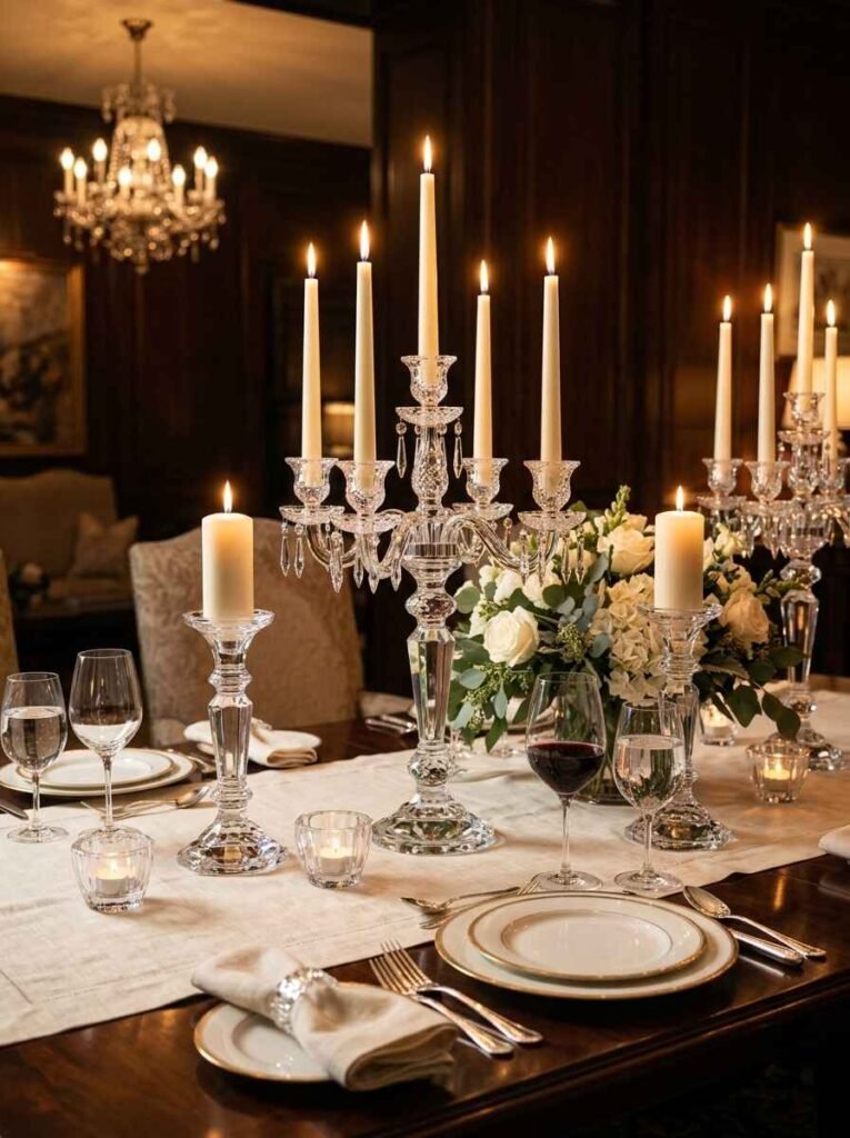 Luxury crystal candle holder set with tall taper candles on a dining table setting