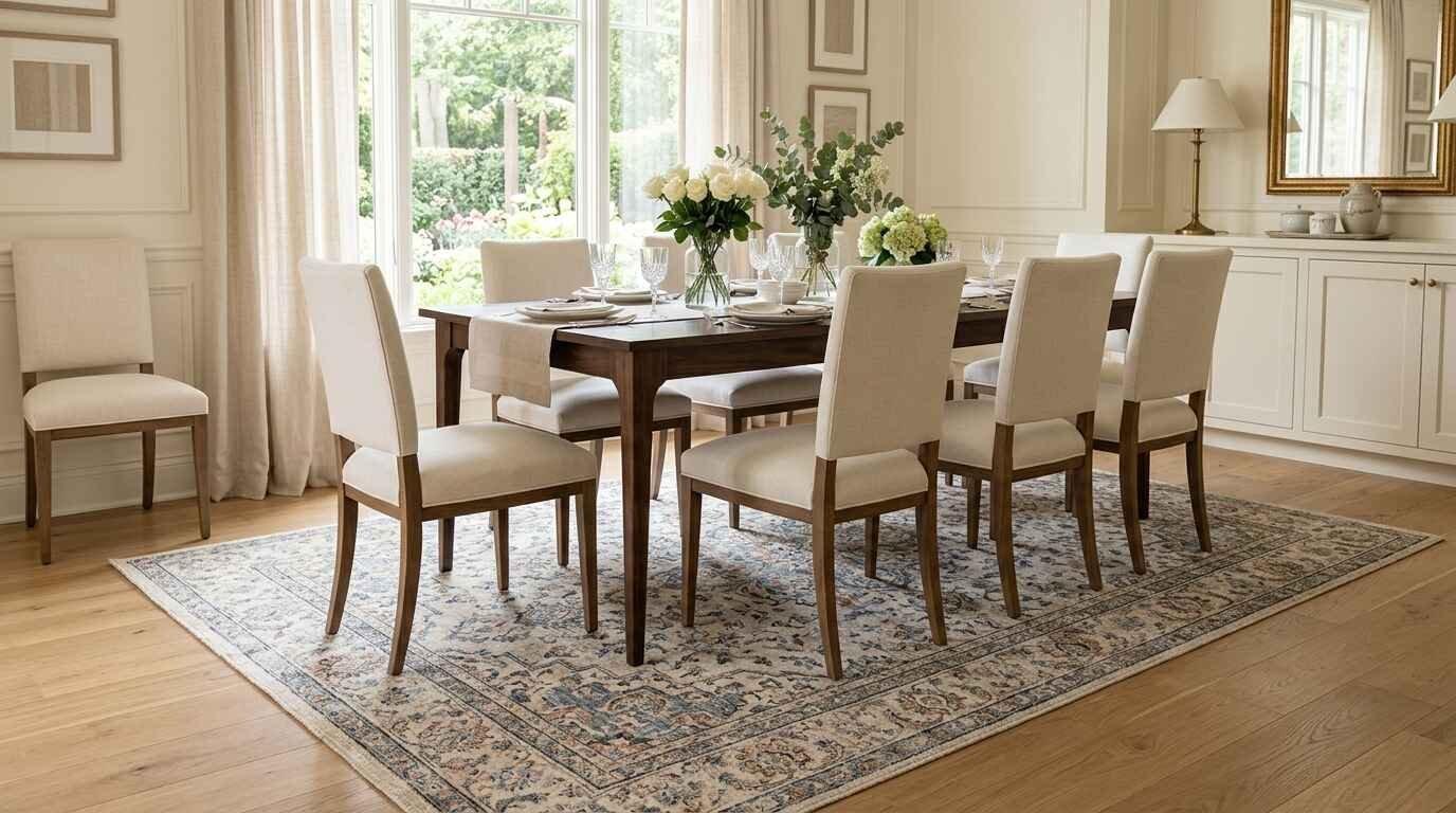 Elegantly styled luxury dining room featuring a low-profile patterned rug under a wooden dining table set.
