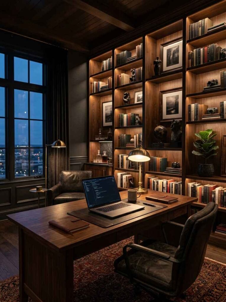 Dark moody home office with illuminated floor-to-ceiling walnut bookcases, brass desk lamp, dark leather swivel chair, and floor-to-ceiling windows