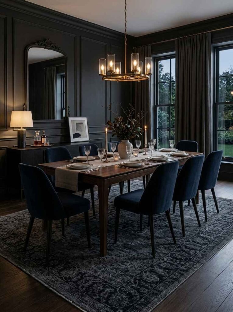 Dark neutral patterned dining room rug in a moody dark dining room setting